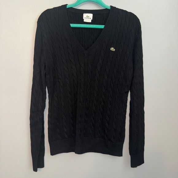 EUC Lacoste V Neck Croc Logo Black Crew Neck Cable Knit Sweater Size 44 Large - Picture 1 of 5